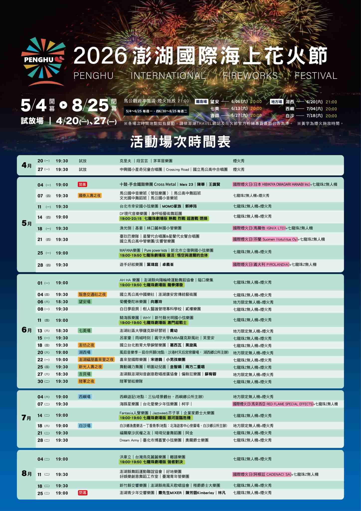2026澎湖花火節節目表 2026澎湖花火節節目表