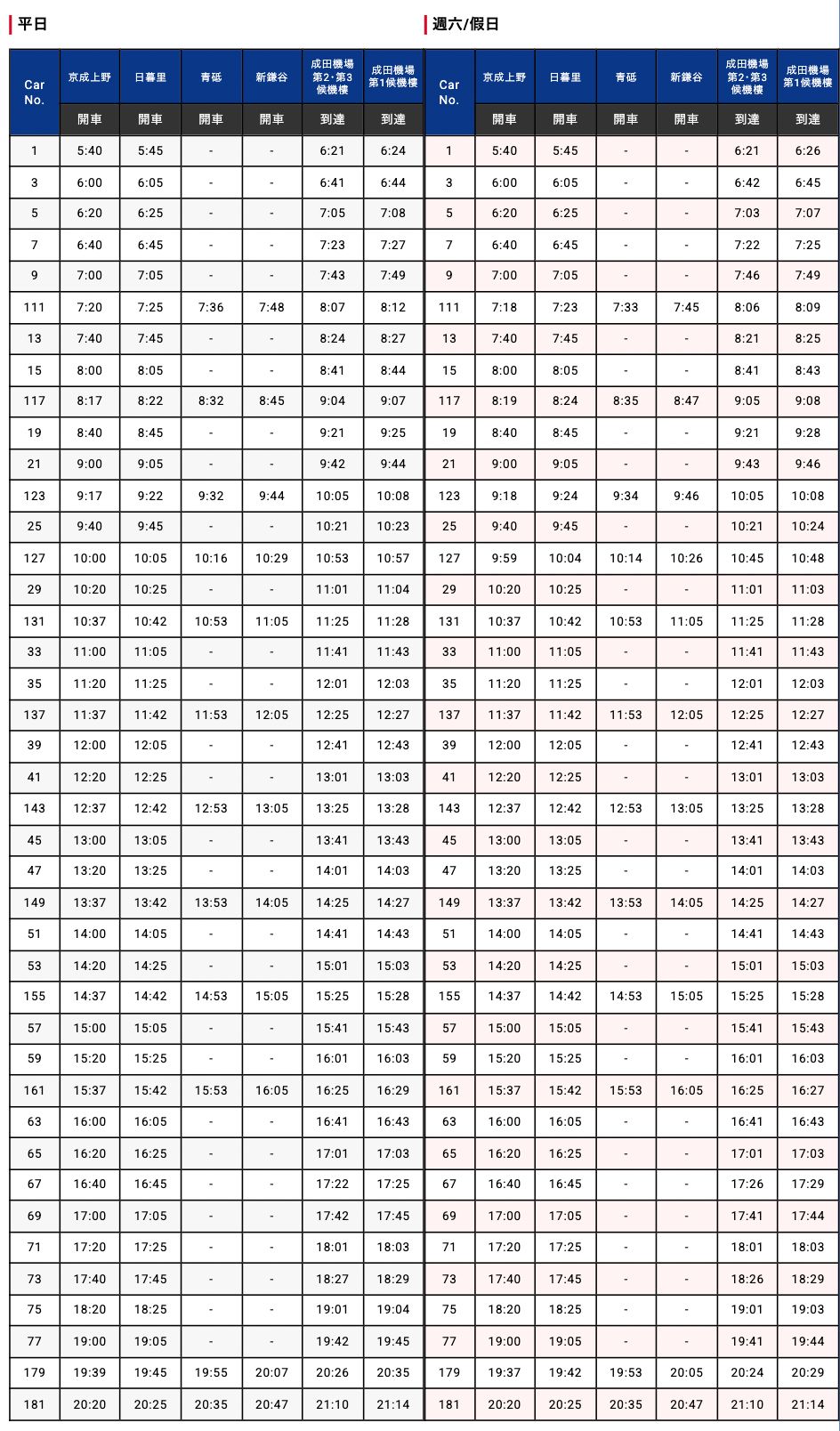 Skyliner時刻表 Skyliner時刻表