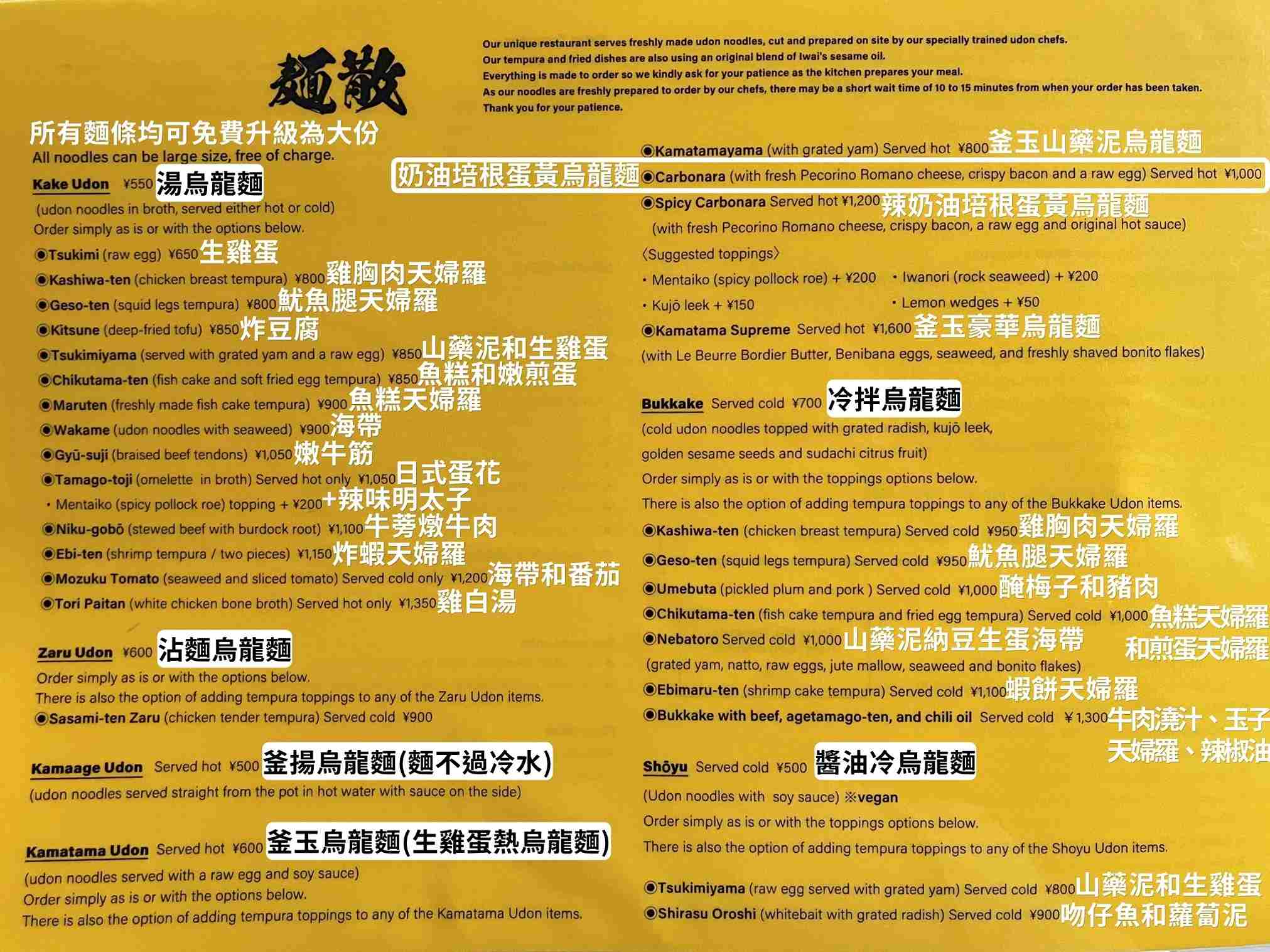 麵散菜單 麵散菜單